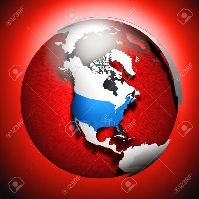 Globo terrestre 3D con mappa politica vuota che cade ombra sui mari rossi e sugli oceani. Illustrazione vettoriale.