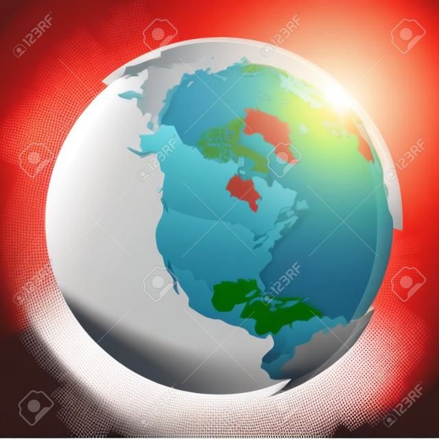 3D Earth globe with blank political map dropping shadow on red seas and oceans. Vector illustration.