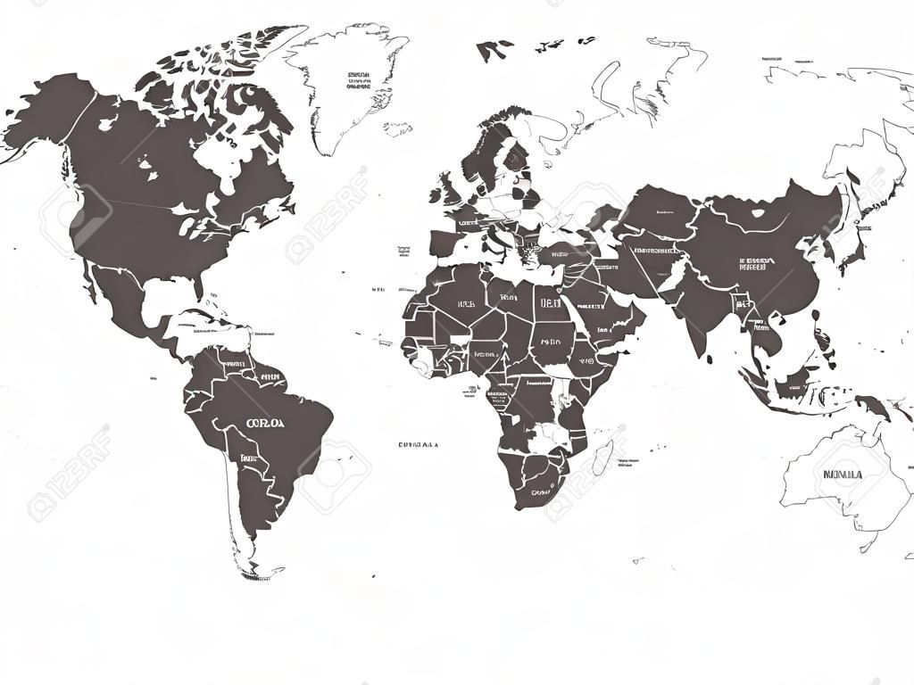 Mappa del mondo. Mappa politica ad alto dettaglio con etichette con i nomi dei paesi. Illustrazione vettoriale.