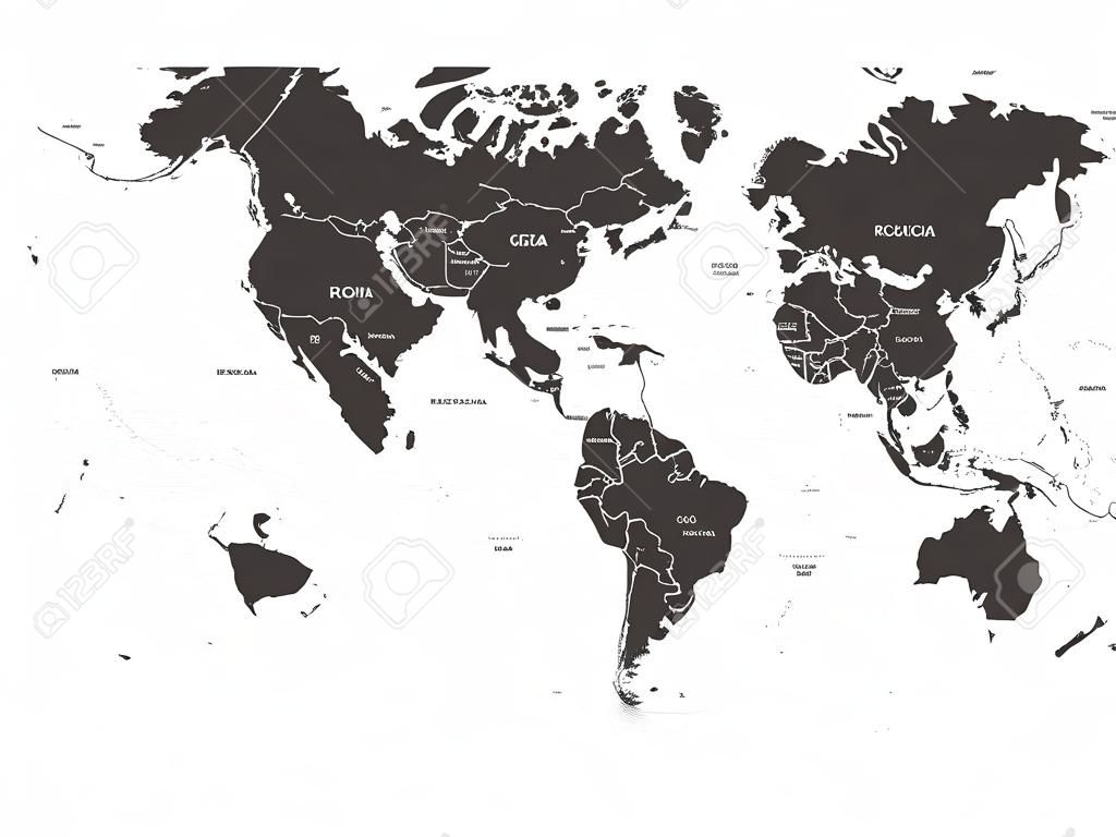 Mappa del mondo. Mappa politica ad alto dettaglio con etichette con i nomi dei paesi. Illustrazione vettoriale.