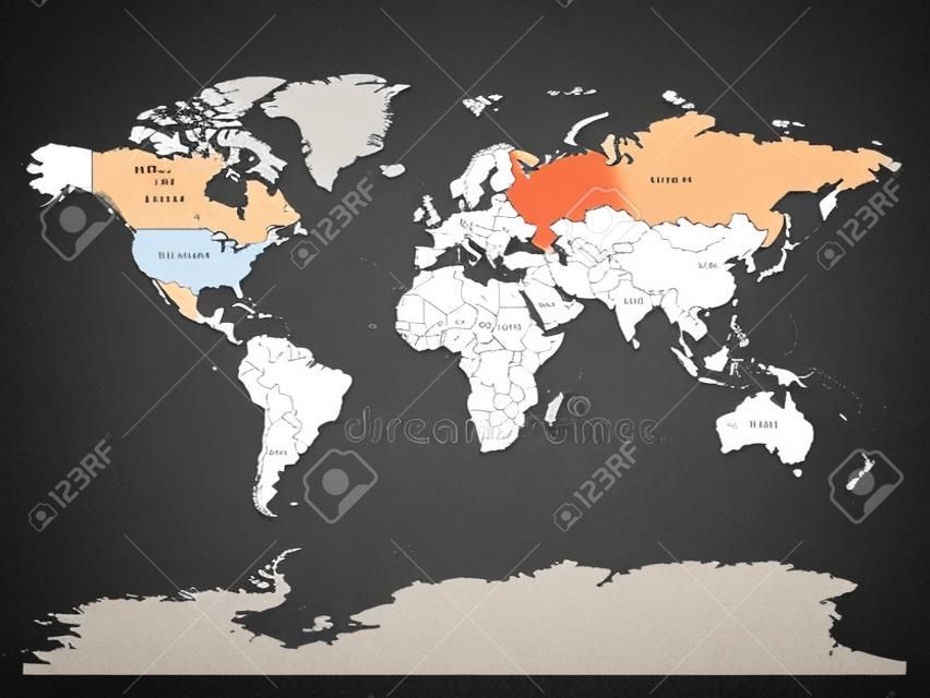 United States and Russia highlighted on political map of World. Vector illustration.