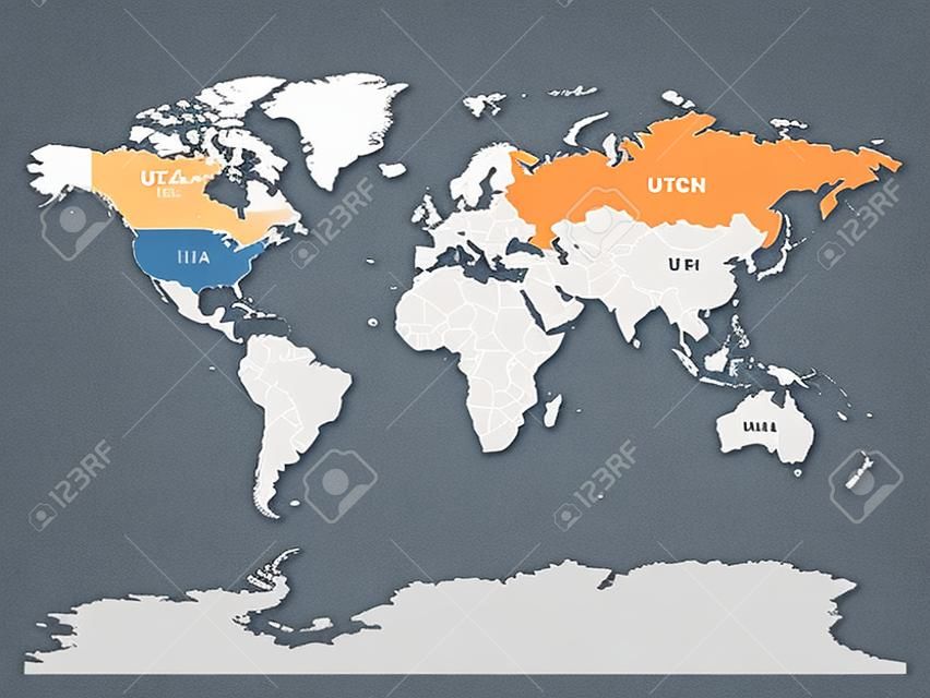 미국과 러시아는 세계의 정치 지도에 강조 표시됩니다. 벡터 일러스트 레이 션.