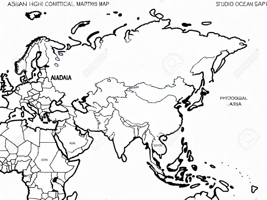 Ásia. Mapa político detalhado alto do continente asiático com país, capital, oceano e nomes do mar rotulando.