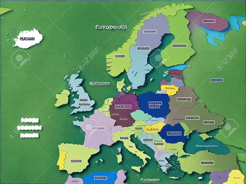 Europe map. High detailed political map of european continent with country, ocean and sea names labeling.