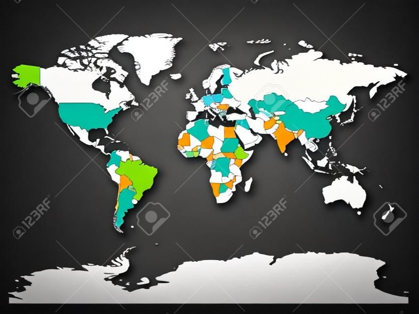 세계지도. 세계의 높은 상세한 빈 정치 지도. 흰색 바탕에 5 색 구성표 벡터 지도입니다.