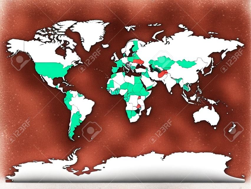 世界地図。世界の非常に詳細な空白の政治地図。白い背景の上の5色スキームベクトルマップ。