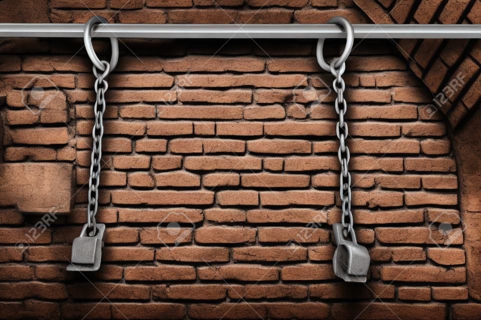 Middle aged prisoners chains and cuffs over a brick wall