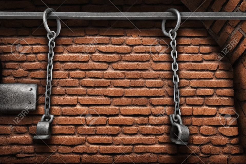 中年囚犯鏈和袖口在磚牆