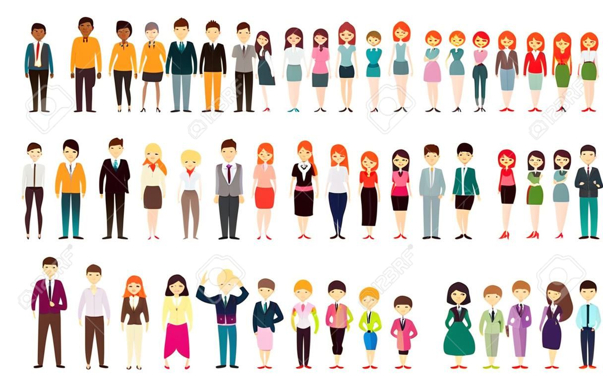 Collection of different men and women in business clothes and free-style clothes. Vector illustration with businessman and businesswoman, flat style. Round avatars with men and women.