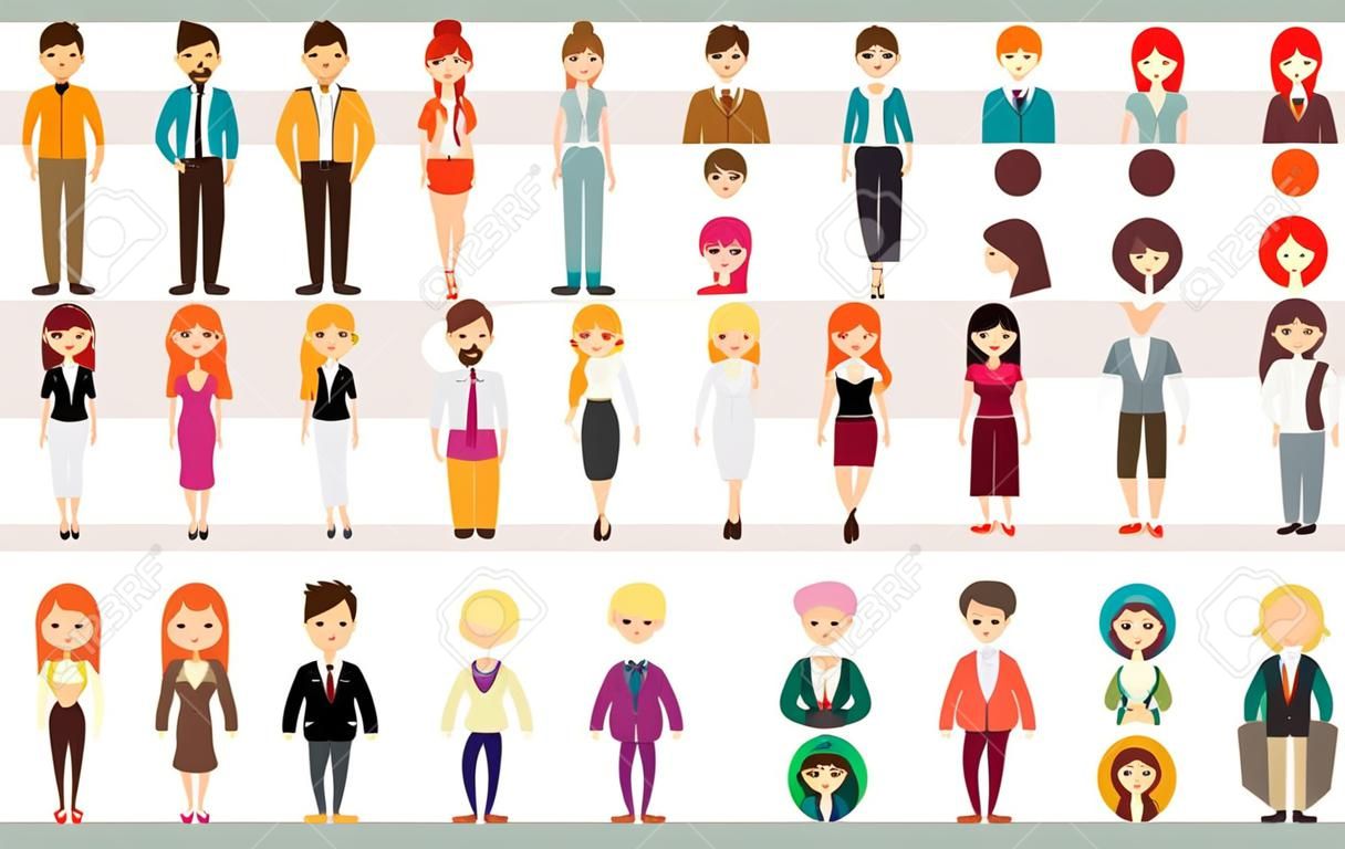 Collection of different men and women in business clothes and free-style clothes. Vector illustration with businessman and businesswoman, flat style. Round avatars with men and women.