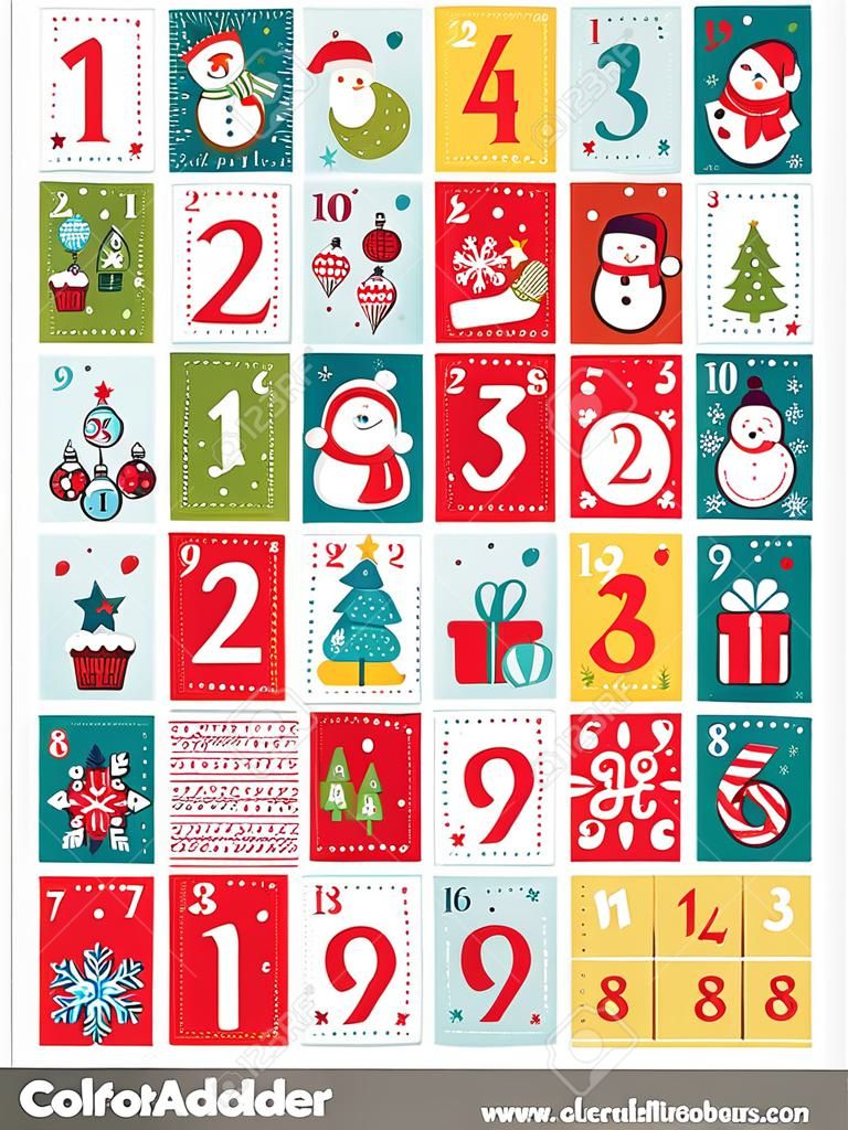 Calendario colorato dell'avvento, illustrazione con decorazioni e numeri, tema natale.