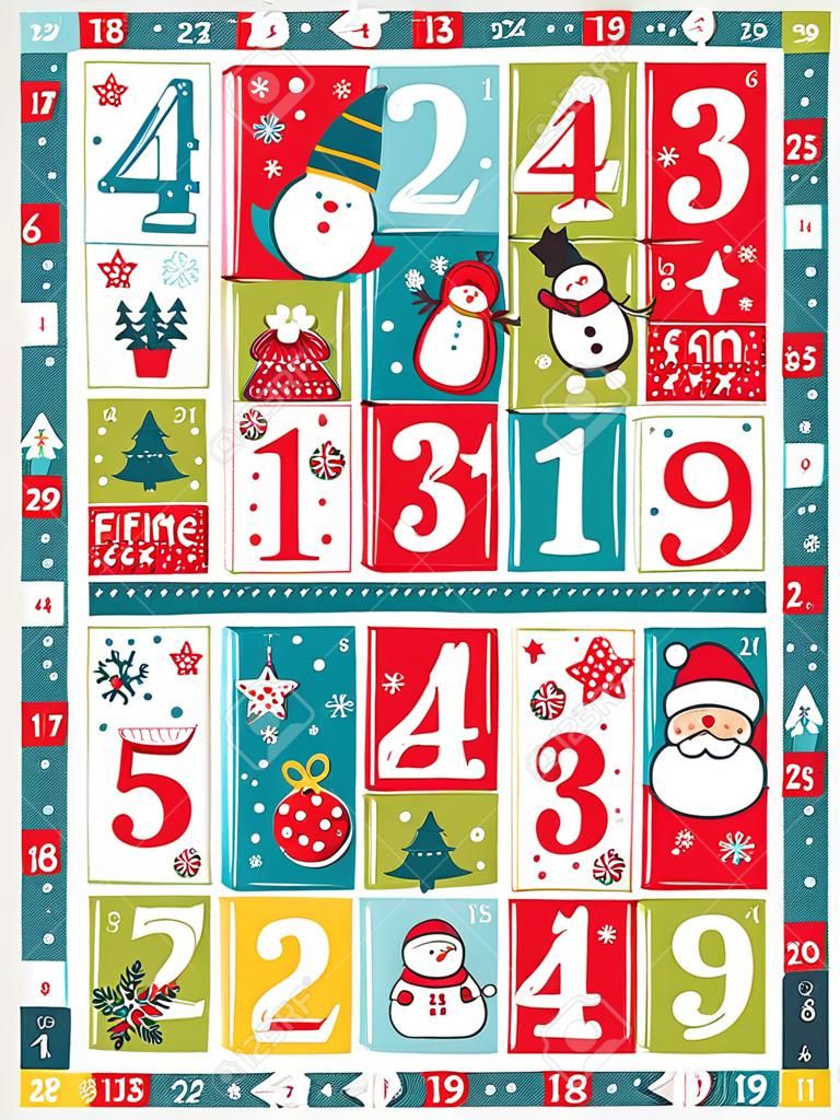 カラフルなアドベントカレンダー、装飾や数字、クリスマスのテーマとイラスト。