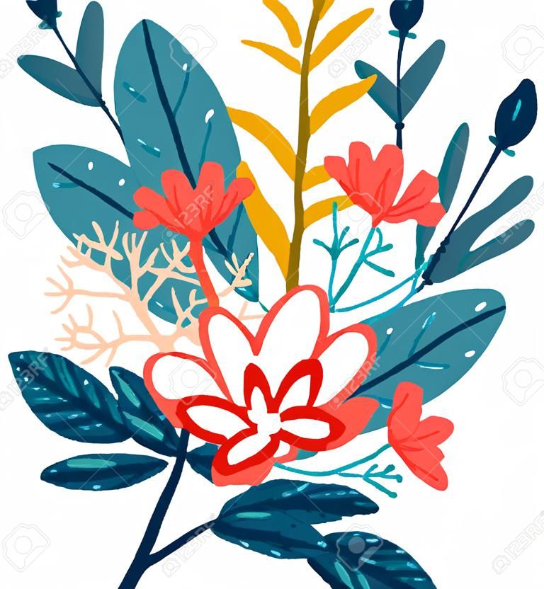 Vector hand drawn floral bouquet. Colorful isolated different leaves and flowers.  Design for T-shirt, textile and prints.