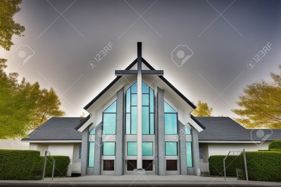 Facciata di una chiesa moderna, girato con un obiettivo grandangolare.