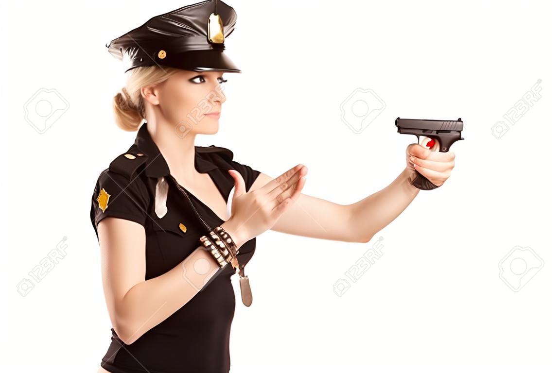 Atractiva Mujer Policía Con Las Manos Arriba Gesto Fotos, retratos