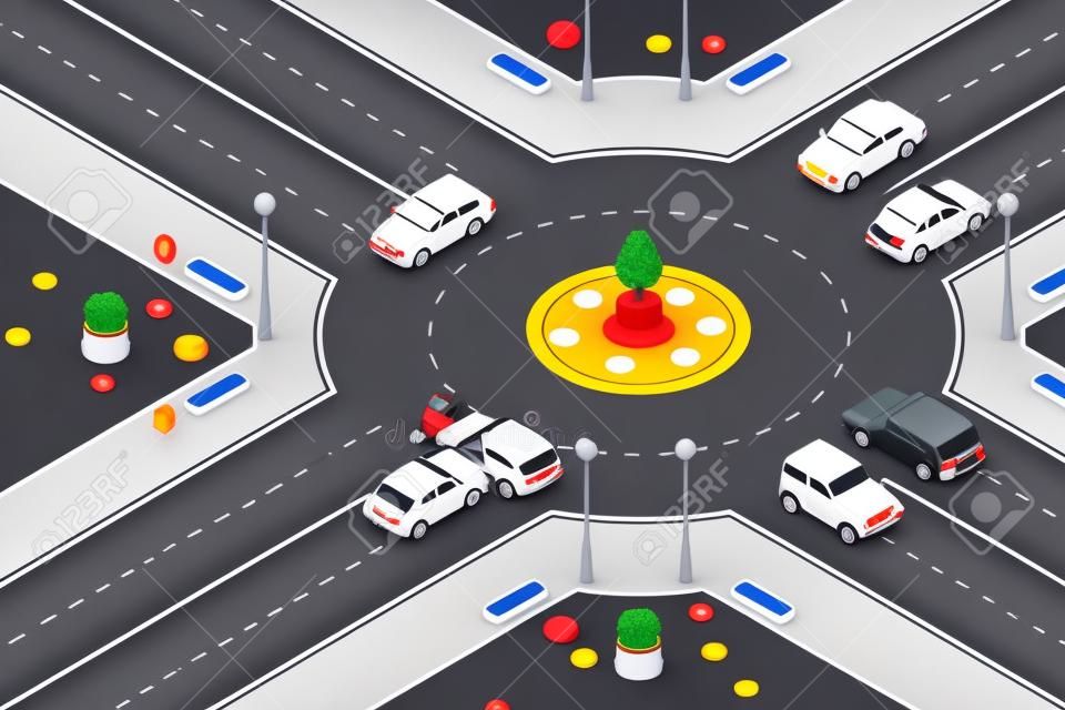 Autóbaleset, vektor izometrikus 3D-s illusztráció. Utcai baleset a körforgalom kereszteződésénél. Biztonsági utcai forgalom és biztosítási koncepciót.