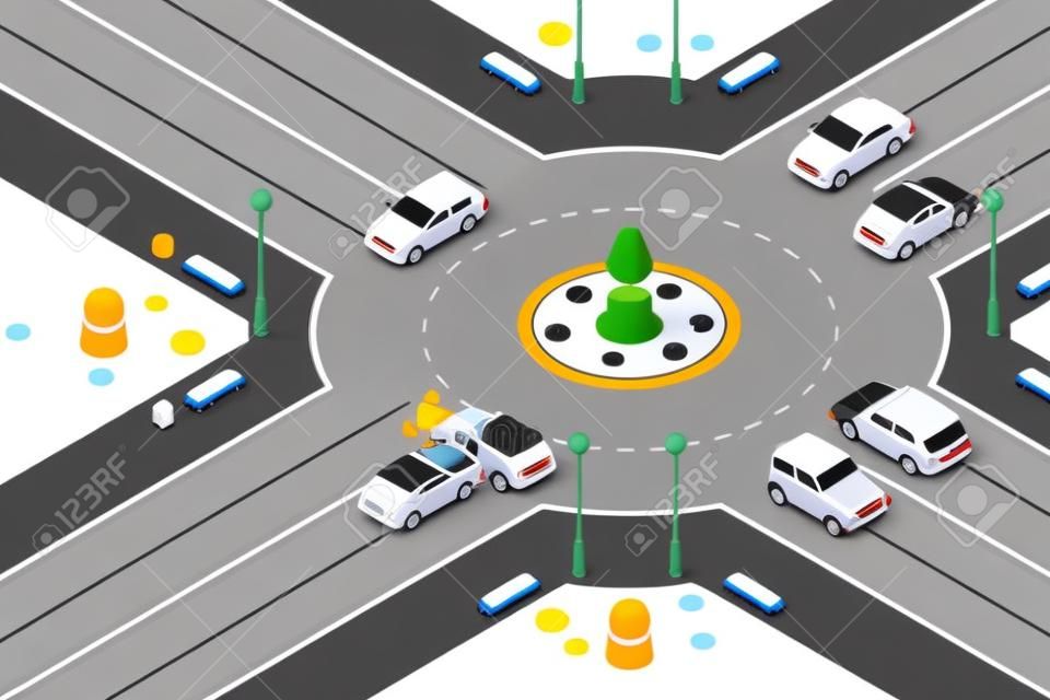 자동차 사고, 벡터 아이소 메트릭 3D 그림입니다. 원형 교차로 교차로에서 거리 사고. 안전 거리 교통 및 보험 개념.