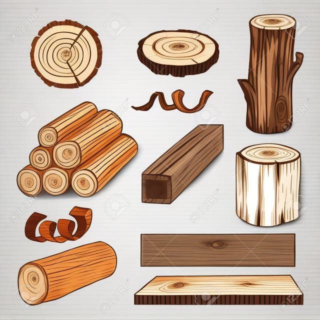 Wood logs, trunk and planks, vector color sketch illustration. Hand drawn wooden materials isolated on white background. Firewood set.