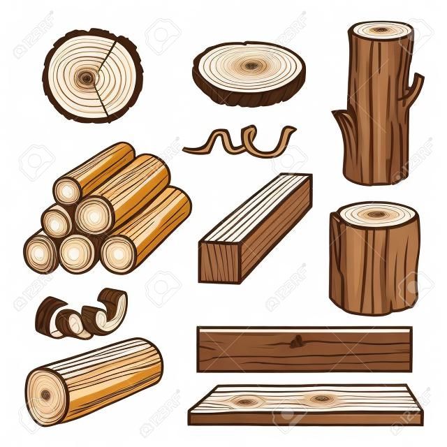 Wood logs, trunk and planks, vector color sketch illustration. Hand drawn wooden materials isolated on white background. Firewood set.
