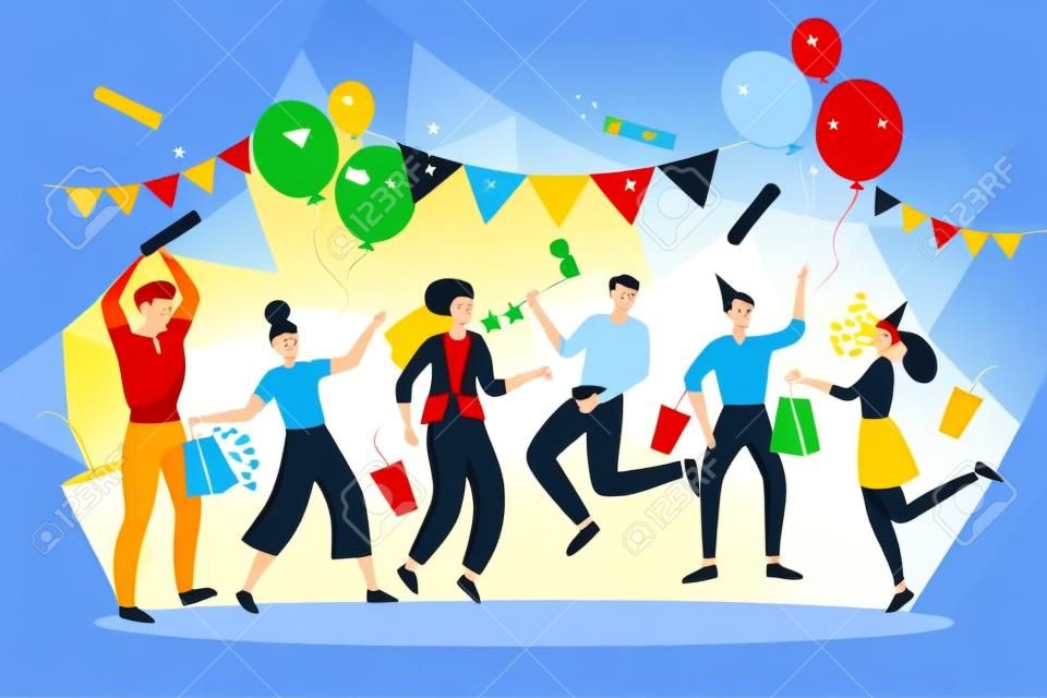 Gente felice che festeggia il compleanno, il capodanno o un altro evento festivo. Illustrazione piana di vettore. Saltare e ballare giovani uomini e donne hanno una festa divertente.