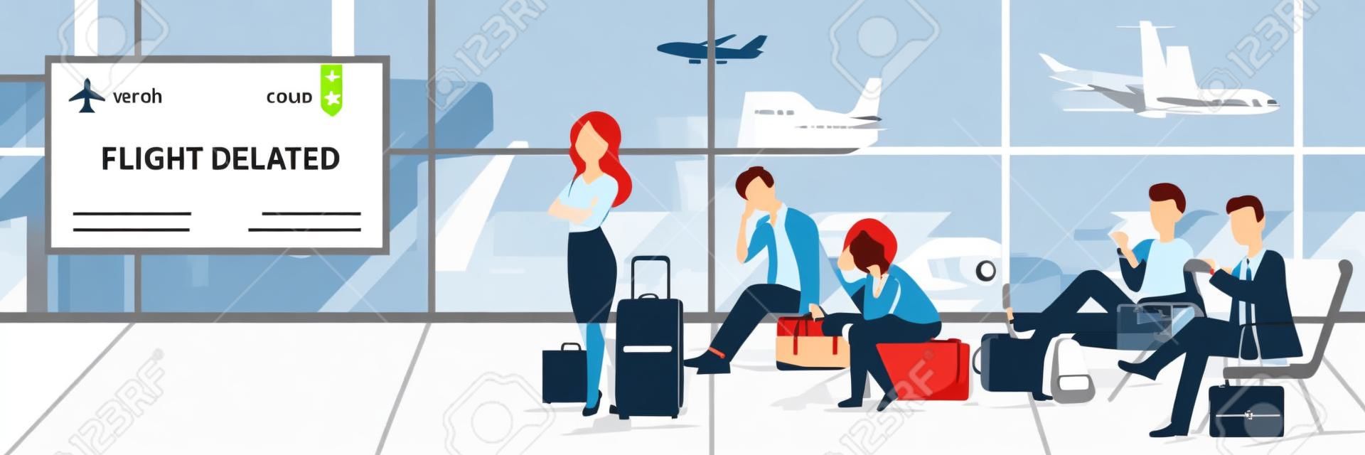 Flight delay or cancel concept. Vector flat cartoon illustration. Tired and upset passengers with luggage waiting for departure at airport terminal
