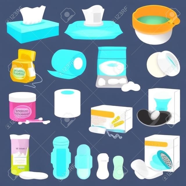 Personal hygiene supplies set. Vector flat cartoon illustration of hygienic and toiletries supplements. Womens facial beauty cleansing products. Kids care sanitary icons and design elements.