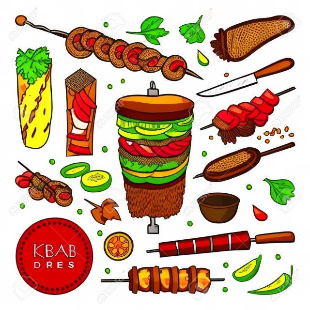 Fresh and tasty arabic doner kebab set. Vector hand drawn sketch illustration, isolated on white background. Beef, lamb and chicken barbecue meat, turkish restaurant vintage design elements