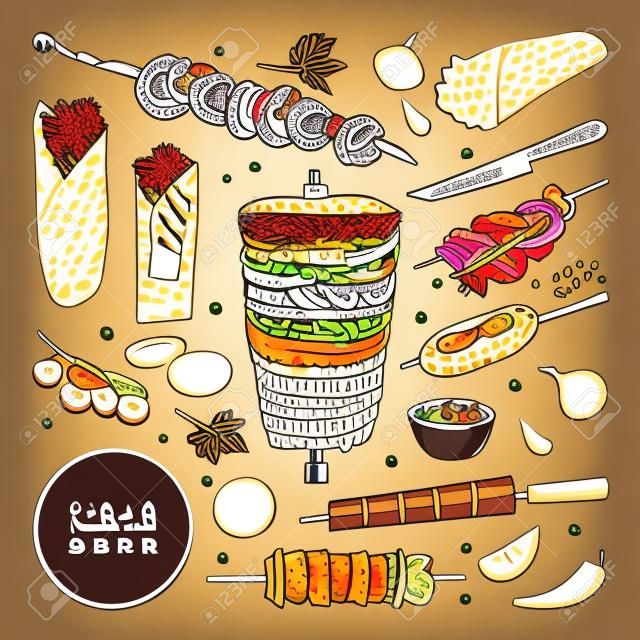 Ensemble de doner kebab arabe frais et savoureux. Illustration de croquis dessinés à la main de vecteur, isolé sur fond blanc. Viande de barbecue de boeuf, d'agneau et de poulet, éléments de design vintage de restaurant turc