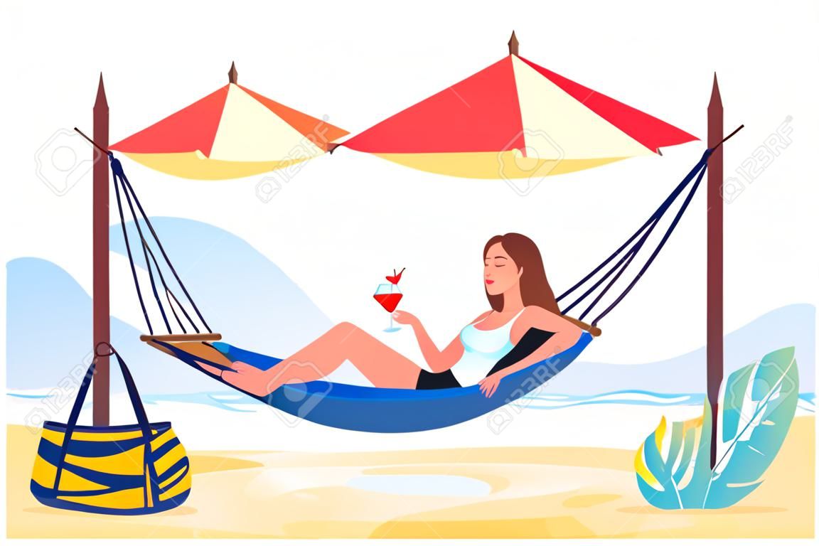 Junge Frau mit Cocktail in der Hängematte am Strand. Vektor-flache Cartoon-Figur-Illustration. Entspanntes Mädchen getrennt auf weißem Hintergrund. Sommerferienreisen und Urlaub im tropischen Resort