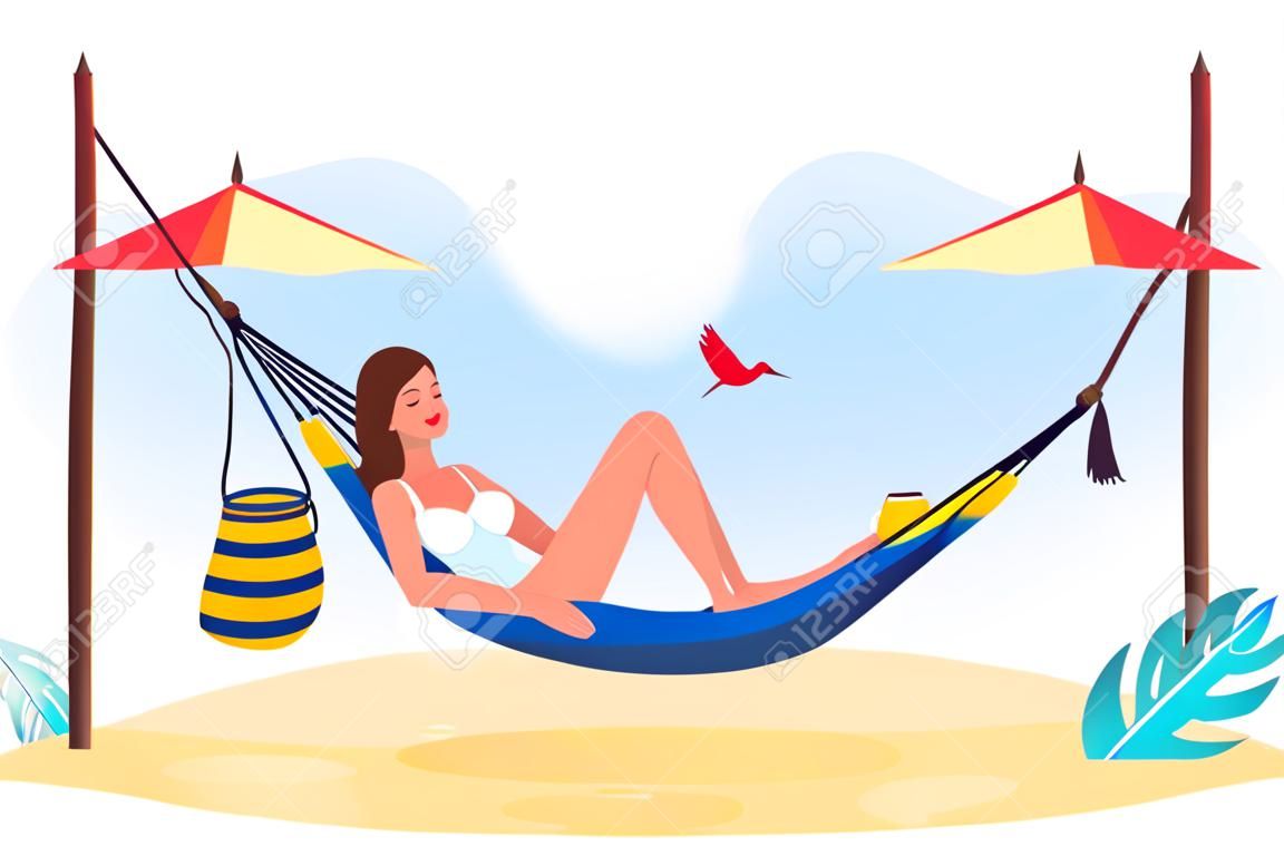 Junge Frau mit Cocktail in der Hängematte am Strand. Vektor-flache Cartoon-Figur-Illustration. Entspanntes Mädchen getrennt auf weißem Hintergrund. Sommerferienreisen und Urlaub im tropischen Resort