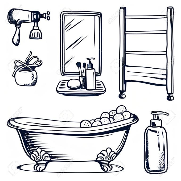 Bathroom interior isolated design elements. Vector hand drawn sketch illustration. Bath and shower accessories and equipment set. Bathtub with foam, shampoo, mirror, towel dryer doodle icons