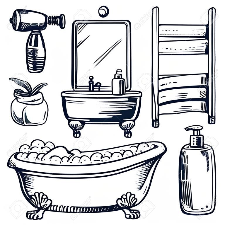 Bathroom interior isolated design elements. Vector hand drawn sketch illustration. Bath and shower accessories and equipment set. Bathtub with foam, shampoo, mirror, towel dryer doodle icons