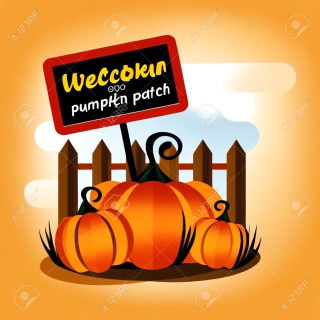 Vector pumpkin patch near fence with pointer. Template  for postcards, flyers. Design elements for advertising and media. Flat cartoon illustration. Objects isolated on white background.