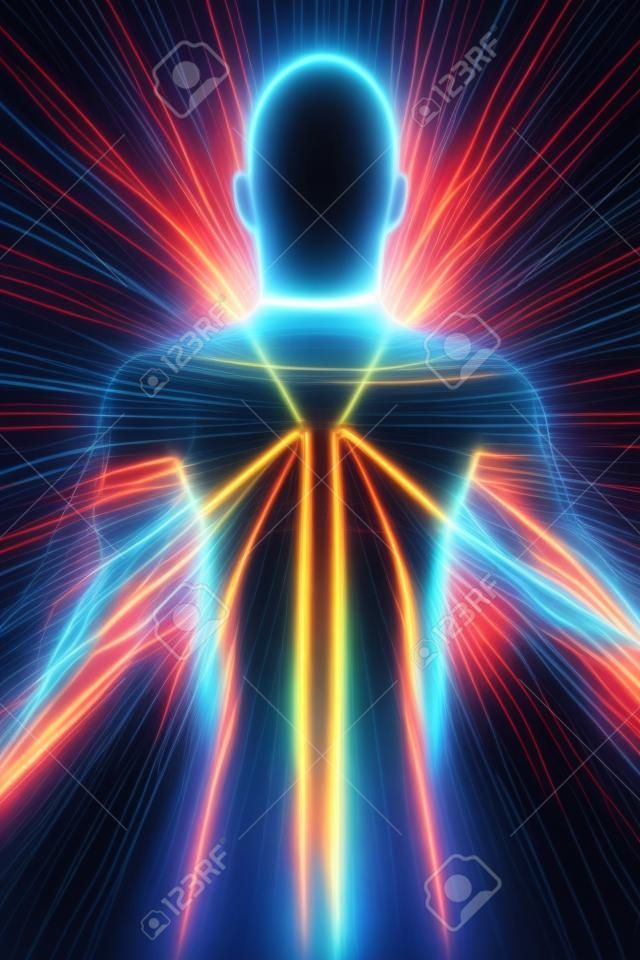 ilustração do corpo humano com raios de energia