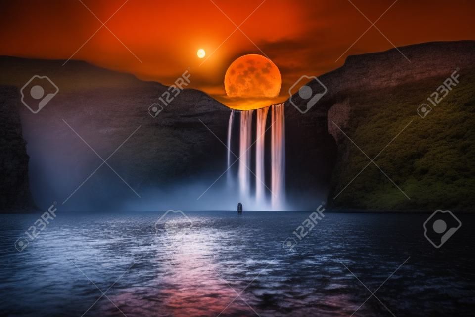 Pomarańczowy księżyc nad wielkim wodospadem