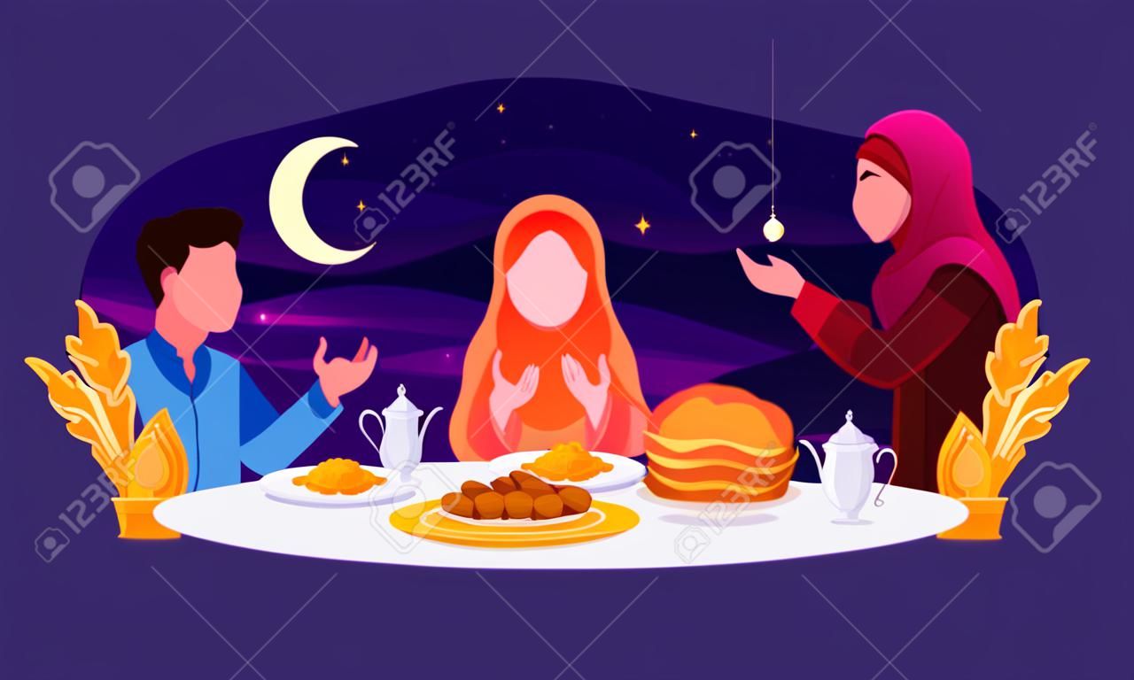 Flat Design Iftar Essen nach dem Fasten Fest Party Konzept. Muslimisches Familienessen im Ramadan Kareem