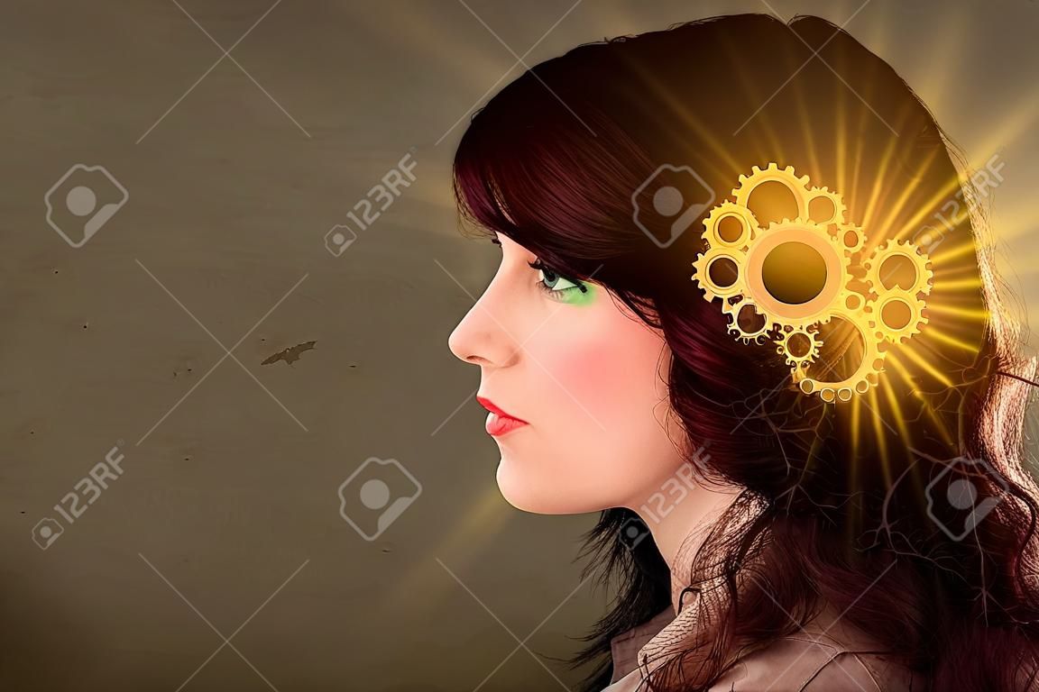 Sprytna dziewczyna myśli ze świecącym głowy ilustracji maszynowy
