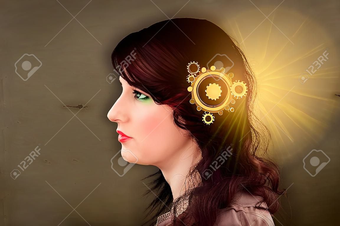 Sprytna dziewczyna myśli ze świecącym głowy ilustracji maszynowy