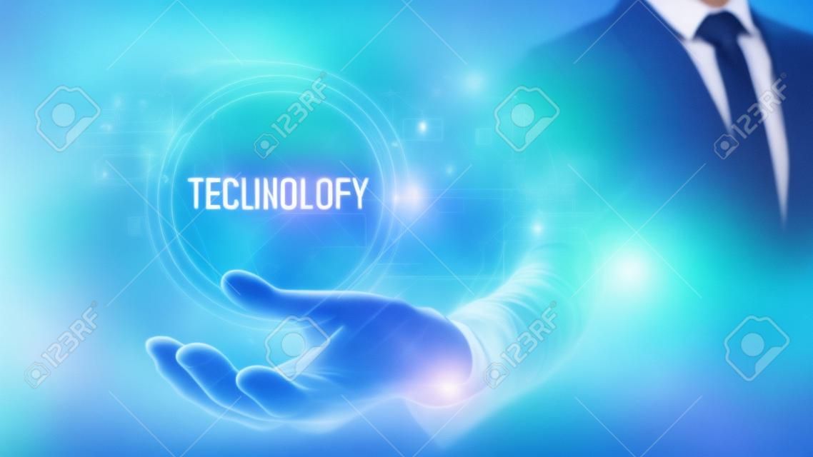 Elegant hand holding TECHNOLOGY inscription, digital technology concept