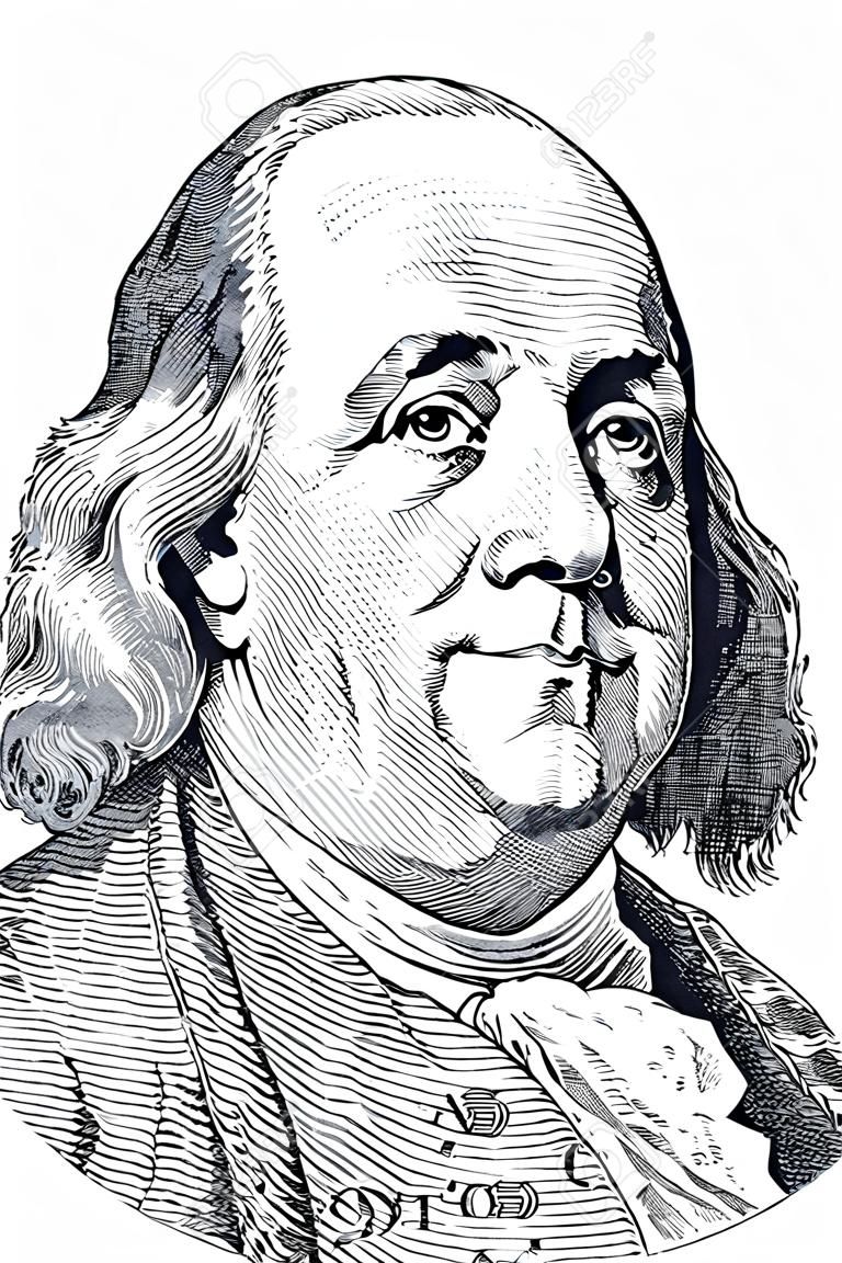 Portrait of Benjamin Franklin   vector  in front of the one hundred dollar bill