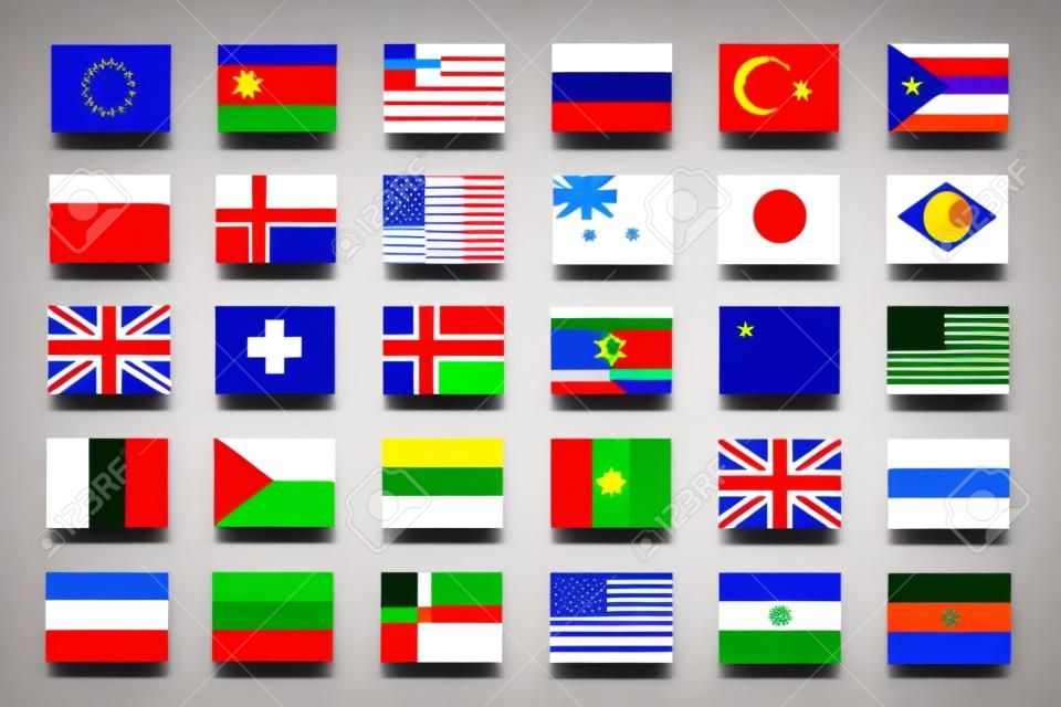 Thirty tiny volumetric flags isolated on white background
