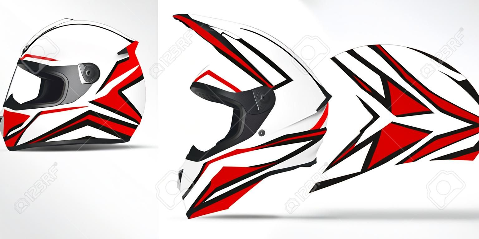 Illustrazione del design della decalcomania dell'involucro del casco da corsa e dell'autoadesivo in vinile.