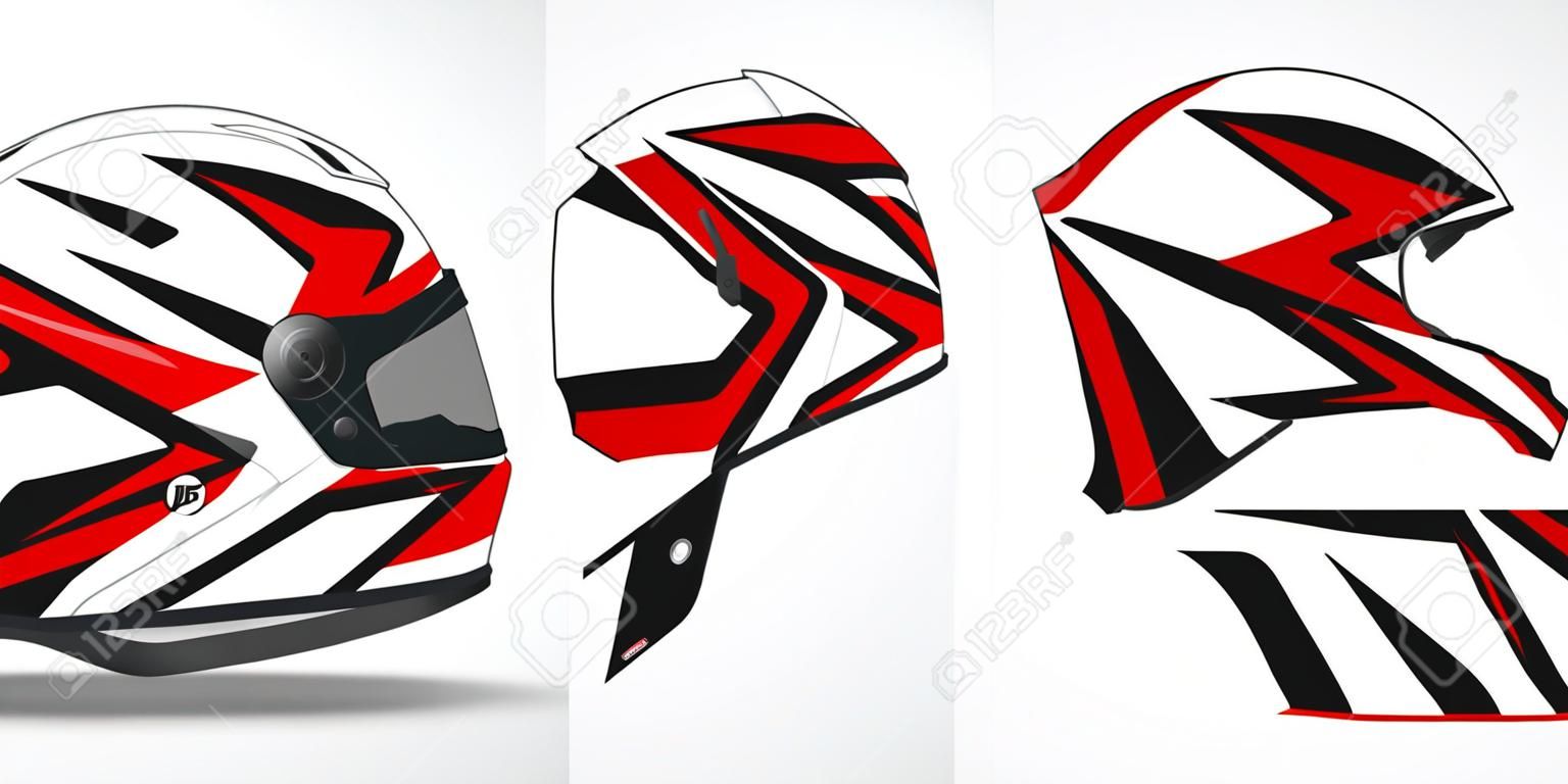 Illustrazione del design della decalcomania dell'involucro del casco da corsa e dell'autoadesivo in vinile.