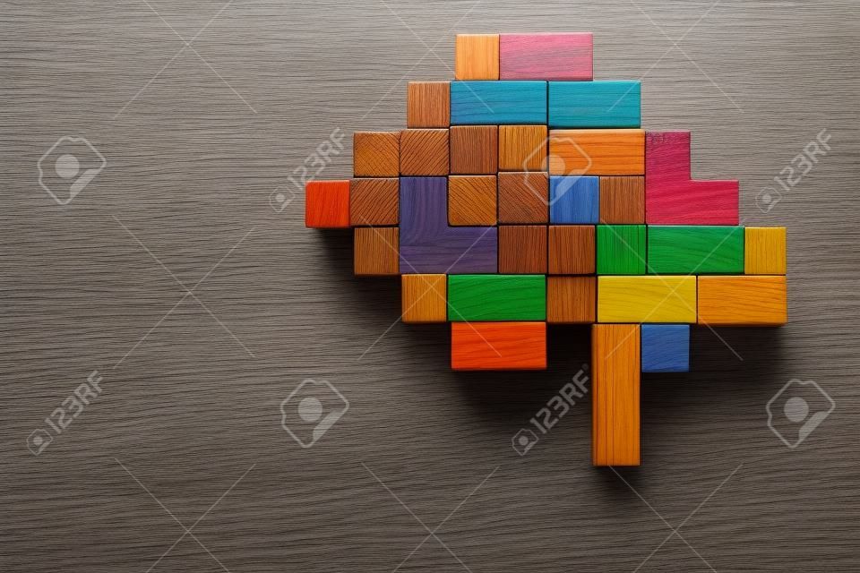 Das menschliche Gehirn besteht aus mehrfarbigen Holzklötzen.