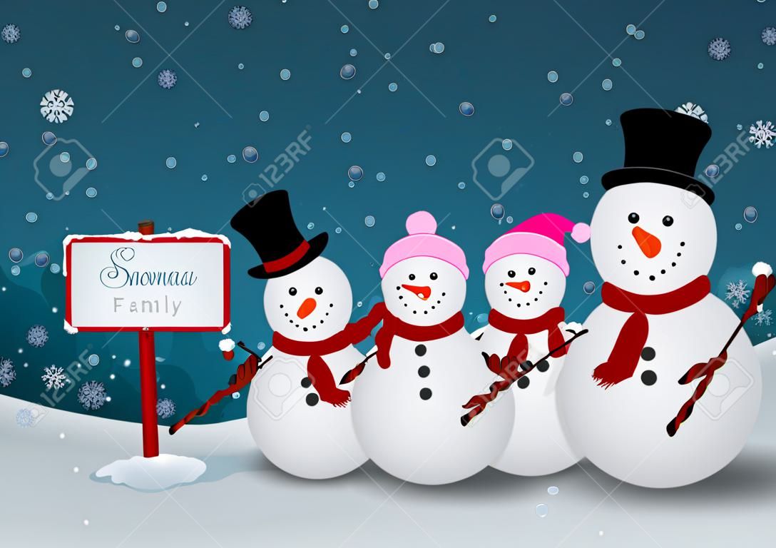 Illustrazione Vettoriale Di famiglia pupazzo di neve in inverno scena di Natale con segno