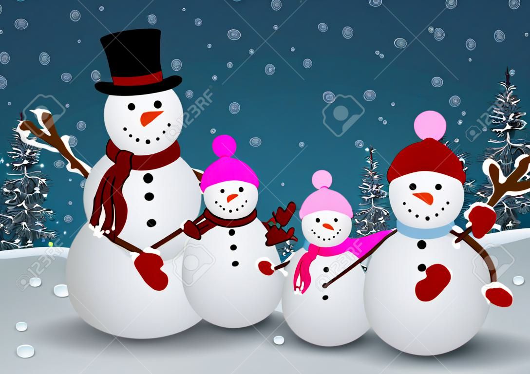 Vektor-Illustration Der Schneemann-Familie in Weihnachtswinterszene mit Vorzeichen