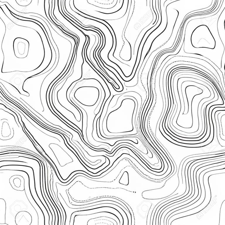 シームレス パターン。架空のトポ等高線地図デザイン。ベクトル。地理学の概念。抽象的な波状のグラフィックの背景。地図作成。線地形等高線地図の背景。