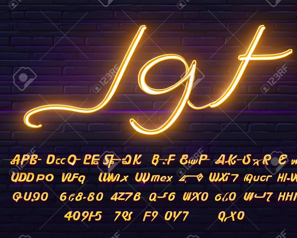 Neon yellow script font. Glowing alphabet with letters, numbers and special characters.