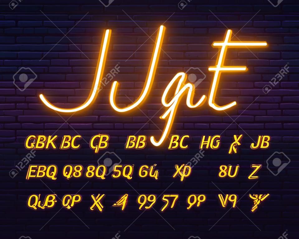 Neon yellow script font. Glowing alphabet with letters, numbers and special characters.