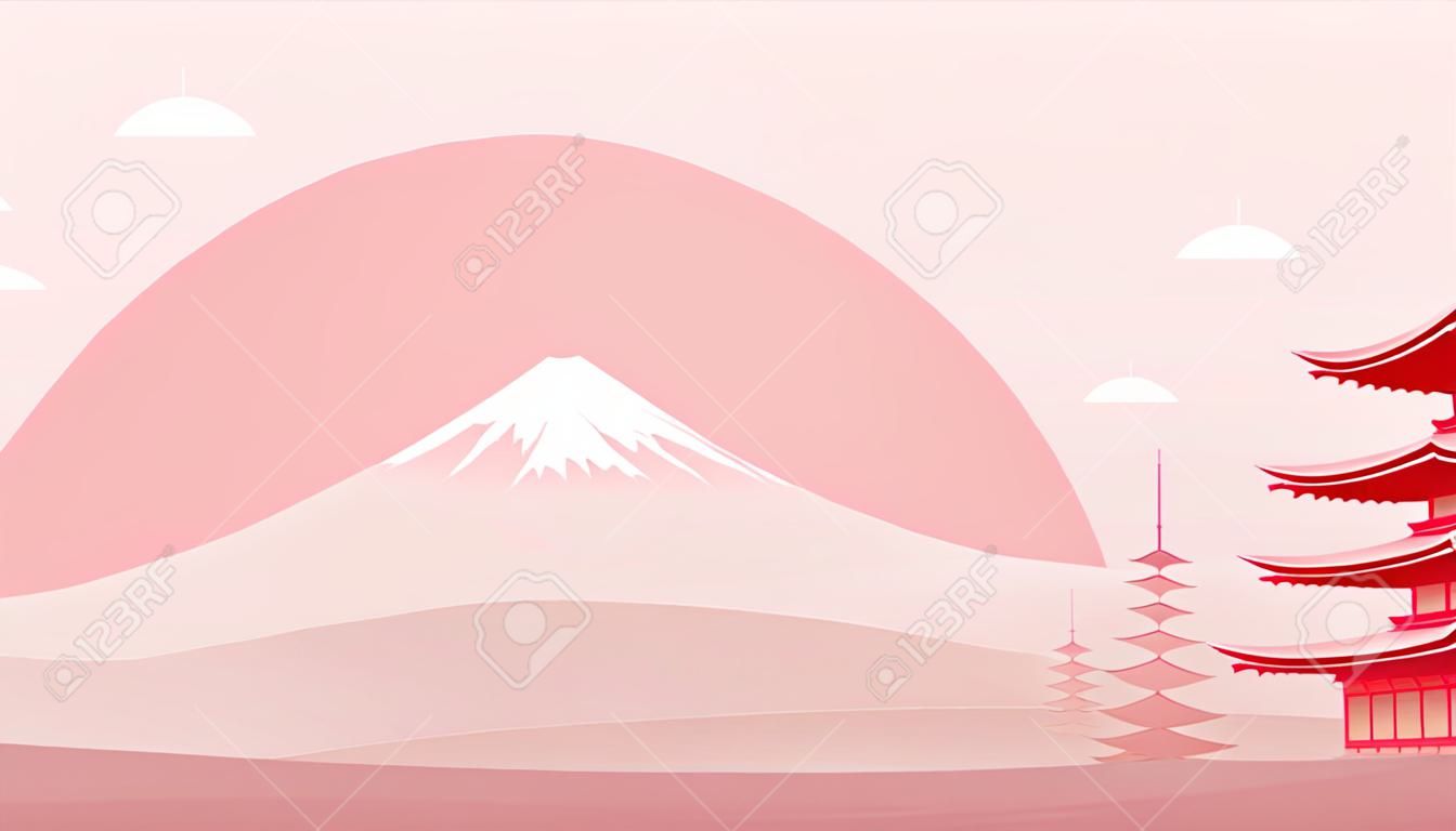 Japanischer Landschaftshintergrund mit Berg Fuji, Sonnenaufgang und Pagode. Reisepostkartenposter von Japan in hellrosa Farbgamma. Werbung Tour Panorama der weltberühmten Sehenswürdigkeiten.
